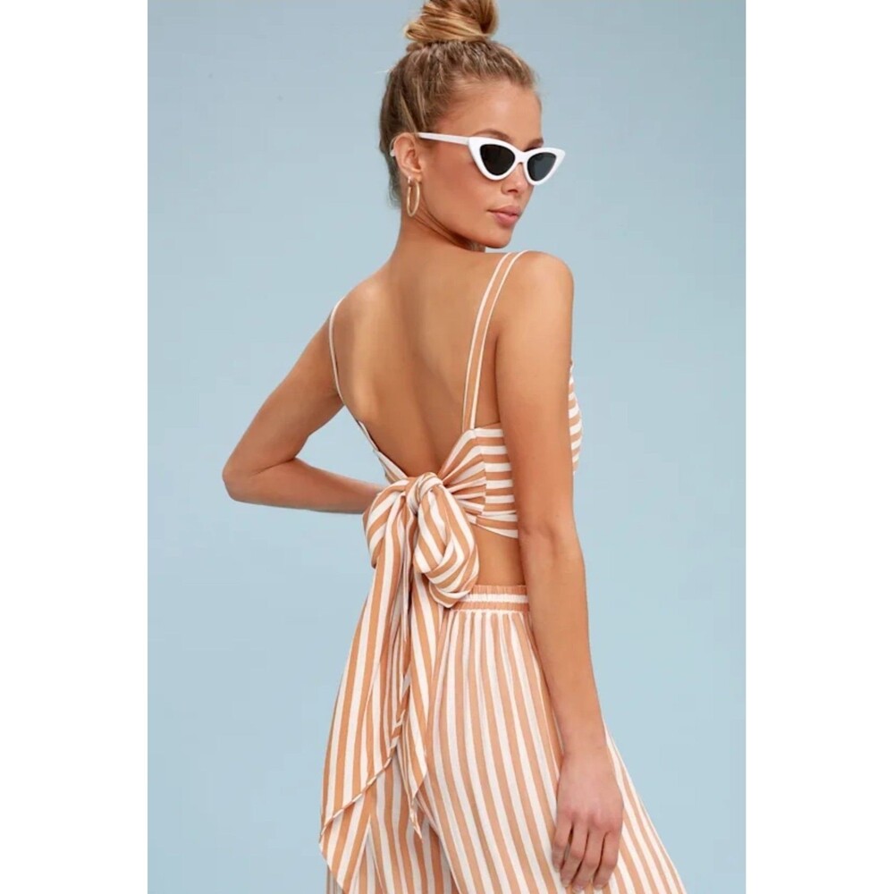 Faithfull The Brand Crop Top Womens 8 Nude White Striped Fortelina Tie-Back